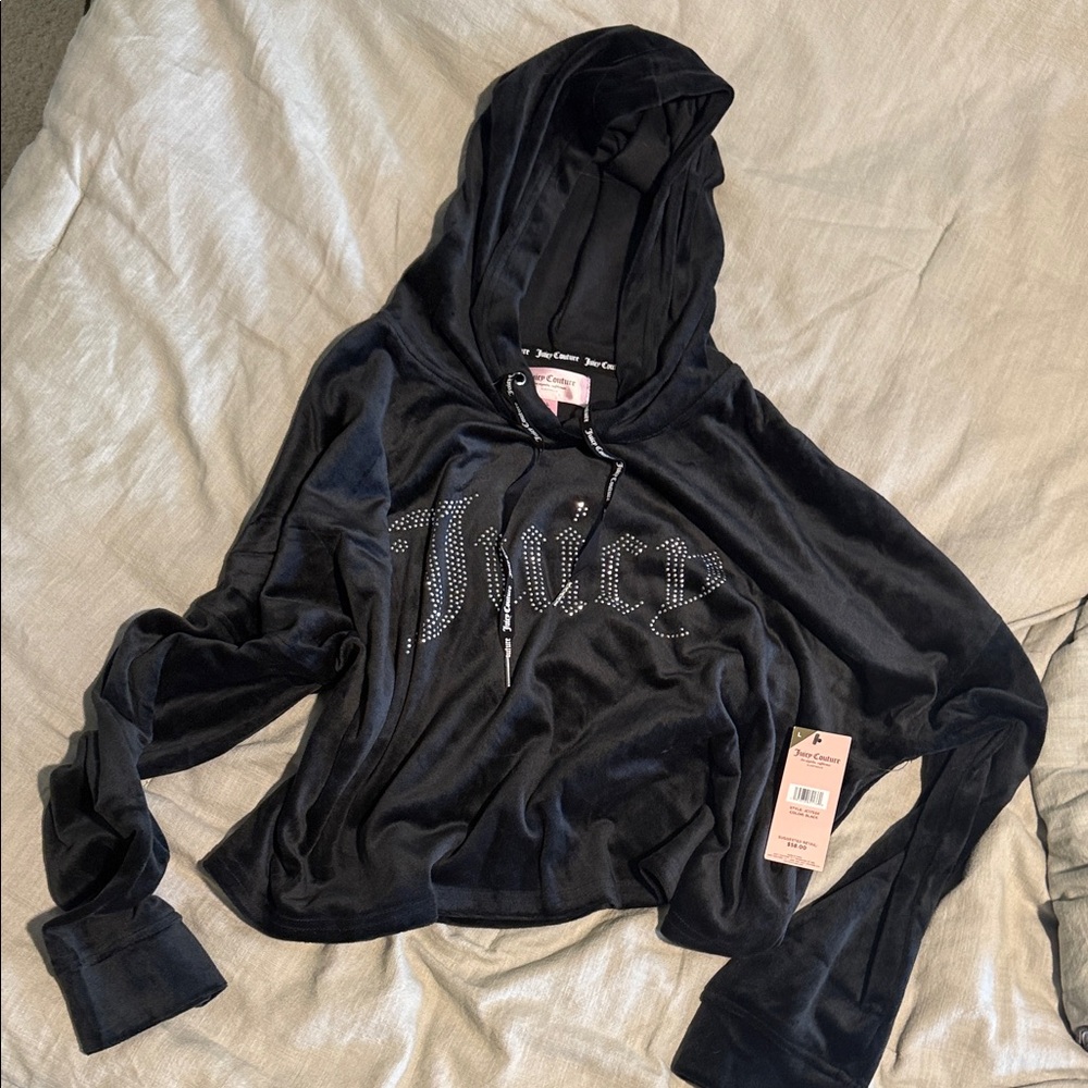 Juicy Couture Black Velour Hoodie with Rhinestones